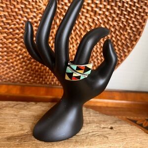 VTG Zuni ZUE Sterling Multi Stone Inlay Wrap Ring Turquoise Jet Sz 10.5